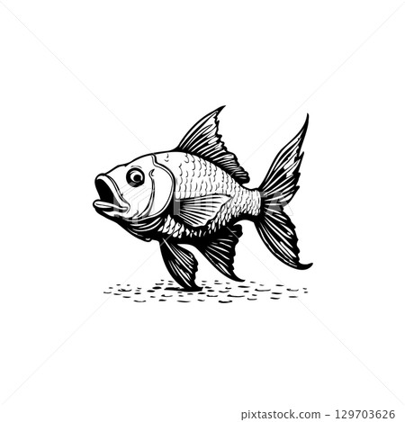 Detailed monochrome drawing of a goldfish with open mouth on white background Detailed monochrome drawing of a goldfish with open mouth on white background 129703626
