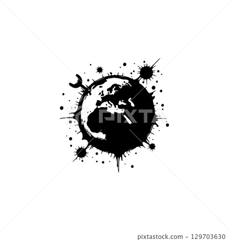 Abstract black and white illustration of a world globe with ink splatter design 129703630