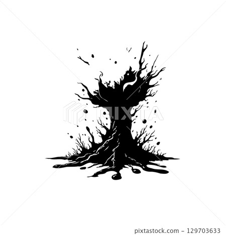 Monochrome silhouette of a gnarled tree against a stark white background image 129703633