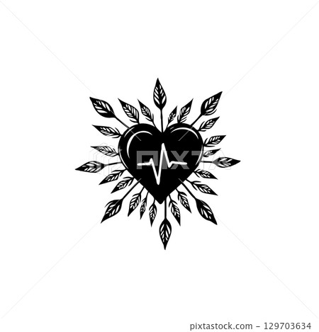 Heartbeat Symbol Surrounded by Leaves in Black and White Minimalist Design 129703634