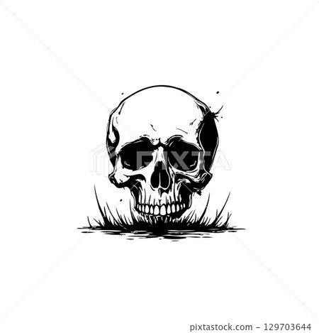 Ink illustration of human skull with grass dark monochrome vector drawing 129703644