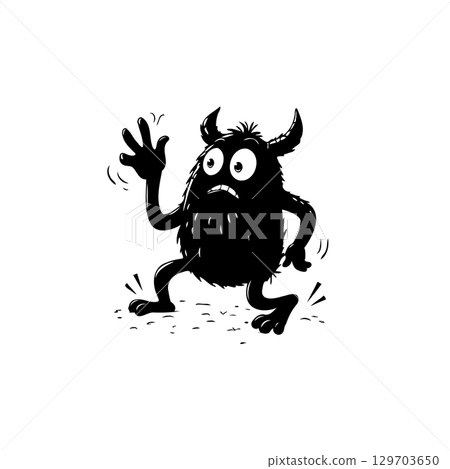 Frightened furry monster with horns, cartoonish silhouette illustration in black and white Frightened furry monster with horns, cartoonish silhouette illustration in black and white 129703650