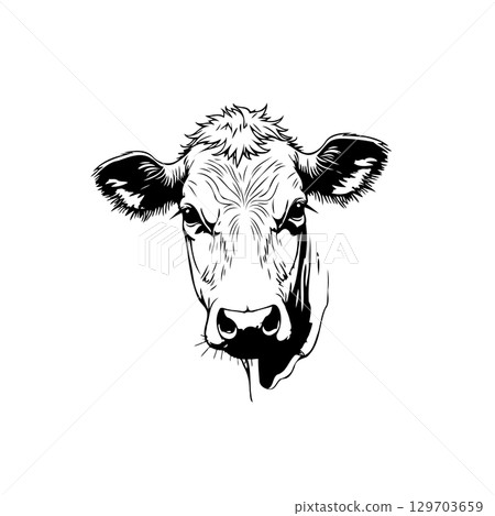 Elegant monochrome depiction of a cow's head, showcasing detailed line work and shading 129703659