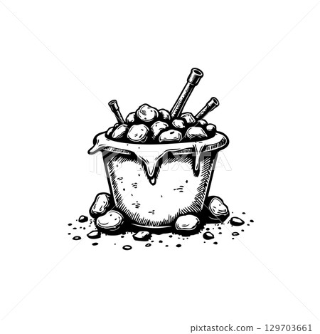 Stylized Monochrome Sketch of a Stone Pot Overflowing with Smooth Rounded Stones Stylized Monochrome Sketch of a Stone Pot Overflowing with Smooth Rounded Stones 129703661