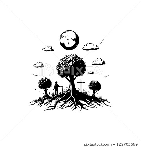 Meaningful black and white illustration of faith, nature, and human connection Meaningful black and white illustration of faith, nature, and human connection 129703669