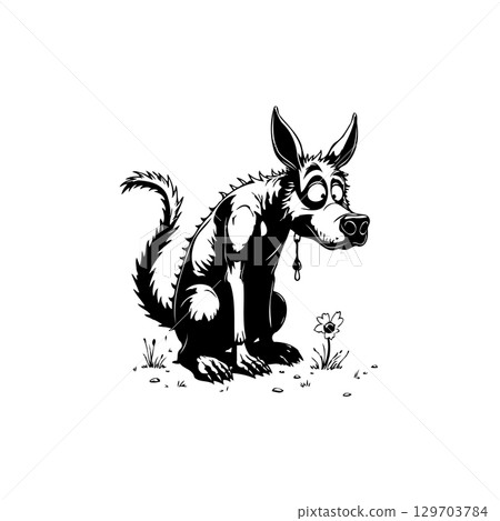 Cartoonish dog with big eyes sitting near a flower in black and white style 129703784