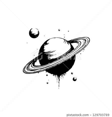 Artistic rendition of saturn and a moon with unique stylistic brushwork 129703789