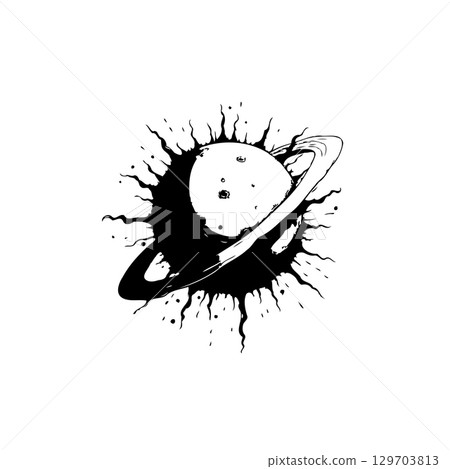 Abstract Black and White Illustration of Saturn with Sun Rays Surrounding the Planet Abstract Black and White Illustration of Saturn with Sun Rays Surrounding the Planet 129703813