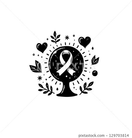 Monochrome symbol for breast cancer awareness with ribbon and hearts illustration Monochrome symbol for breast cancer awareness with ribbon and hearts illustration 129703814