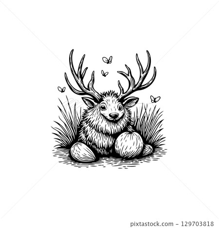 Artistic depiction of a deer in a field of grass with butterflies flying around Artistic depiction of a deer in a field of grass with butterflies flying around 129703818