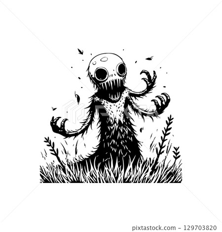 Creepy Creature in the Wilderness: A Black and White Horror Illustration 129703820
