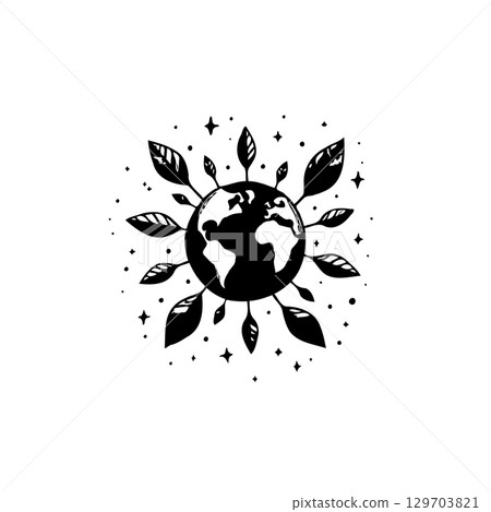 Stylized Earth globe surrounded by leaves symbolising nature and sustainability Stylized Earth globe surrounded by leaves symbolising nature and sustainability 129703821