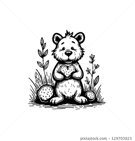 Adorable bear cub with heart illustration for Valentine's Day coloring book design 129703823