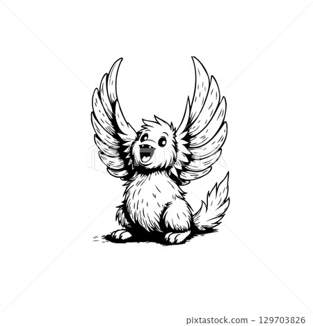 Whimsical winged creature illustration with expressive eyes and playful posture Whimsical winged creature illustration with expressive eyes and playful posture 129703826