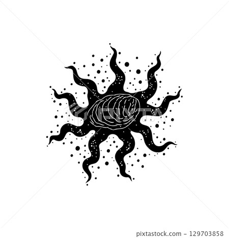 Abstract Black and White Sun Illustration with Tentacles and Decorative Dots Abstract Black and White Sun Illustration with Tentacles and Decorative Dots 129703858