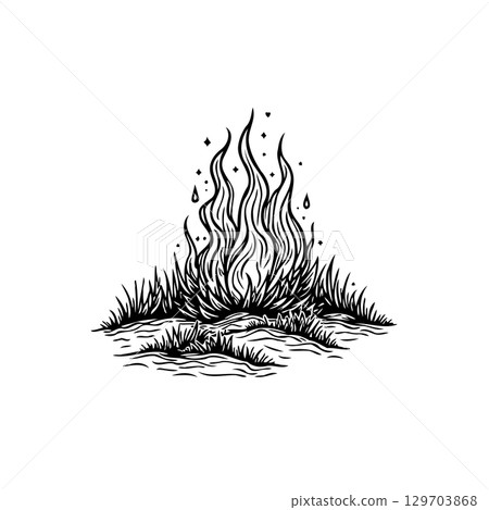 Mystical fire illustration with stylized flames and grass, enchanting vector art 129703868