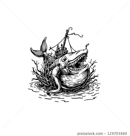 Whimsical nautical illustration: A shark-boat hybrid in a unique sea adventure Whimsical nautical illustration: A shark-boat hybrid in a unique sea adventure 129703889