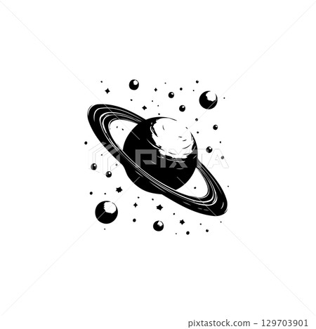 Monochrome Illustration of a Ringed Planet Amidst Stars and Celestial Bodies Monochrome Illustration of a Ringed Planet Amidst Stars and Celestial Bodies 129703901