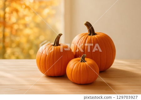 Warm autumn pumpkins on wooden table 129703927
