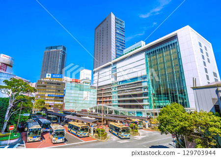 Yokohama cityscape, Japan, on August 17. View of Yokohama Station, JR Yokohama Tower, The Yokohama Front Tower, and more. 129703944
