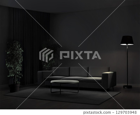 夜間的現代深色客廳，配有室內植物和落地燈 129703948