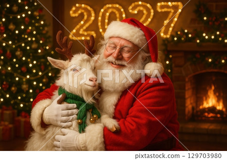 : Santa hugging goat at Christmas. 129703980