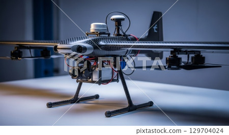 Professional Carbon Fiber Drone with Advanced Camera System on White Surface 129704024