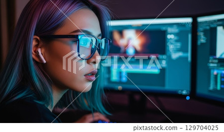 Professional Female Developer Working Late Night with Multiple Monitors Professional Female Developer Working Late Night with Multiple Monitors 129704025