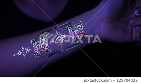 UV Fluorescent QR Codes and Geometric Patterns on Human Skin Under Blacklight 129704029