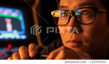 Young Asian woman wearing glasses looking at computer screen with reflection Young Asian woman wearing glasses looking at computer screen with reflection 129704032