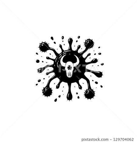Stylized black bull skull emblem with splatter effect on white background 129704062