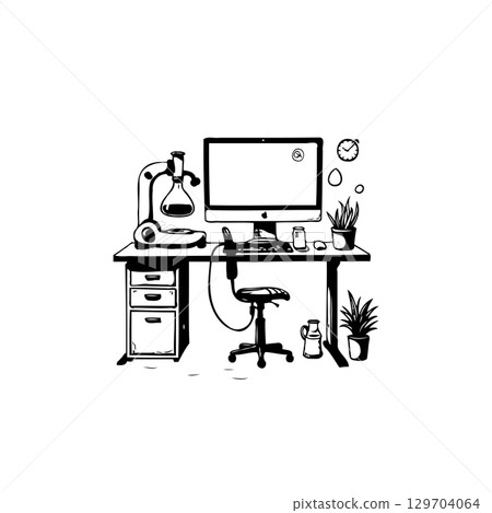 Sketch style illustration of a home office setup with scientific equipment on desk Sketch style illustration of a home office setup with scientific equipment on desk 129704064