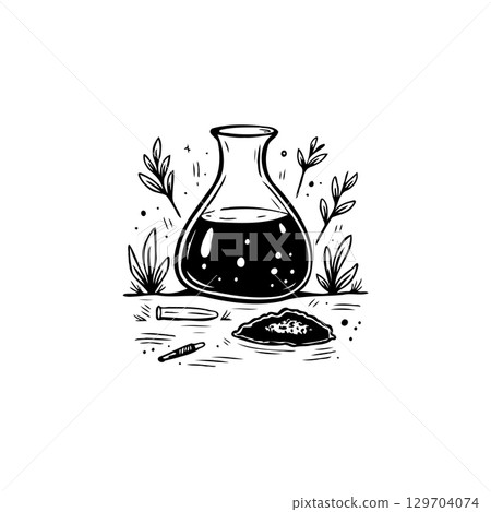 Mysterious concoction in a lab flask, surrounded by enigmatic flora and substances Mysterious concoction in a lab flask, surrounded by enigmatic flora and substances 129704074