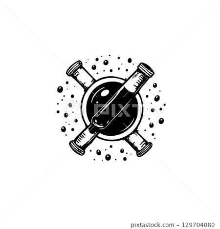 Scientific illustration: Crossed test tubes with liquid inside a circle shape Scientific illustration: Crossed test tubes with liquid inside a circle shape 129704080