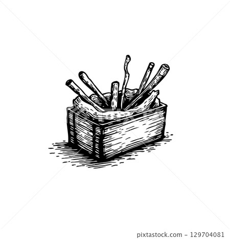 Vintage etched illustration showcasing wooden sticks in a crate, ideal for rustic design 129704081