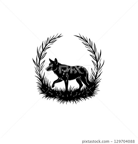 Mystical woodland silhouette: Detailed monochrome illustration of a wolf in nature Mystical woodland silhouette: Detailed monochrome illustration of a wolf in nature 129704088