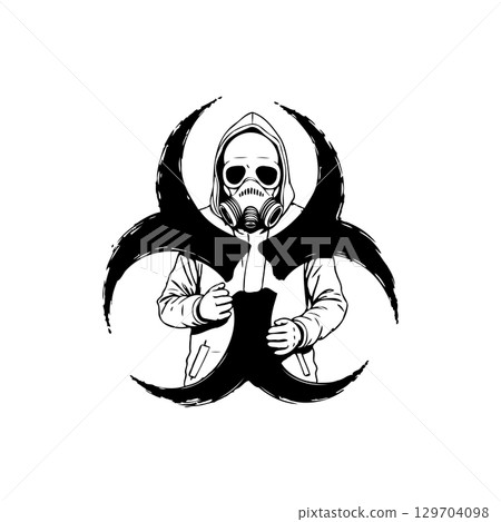 Biohazard Symbol Featuring Figure in Hazmat Suit: A Graphic Warning Sign 129704098