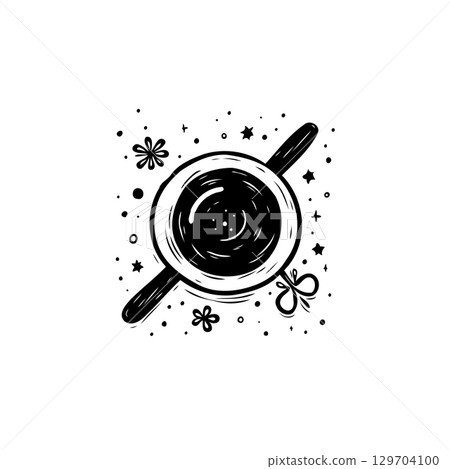 Black and white illustration of a cup of hot drink with festive decorations 129704100