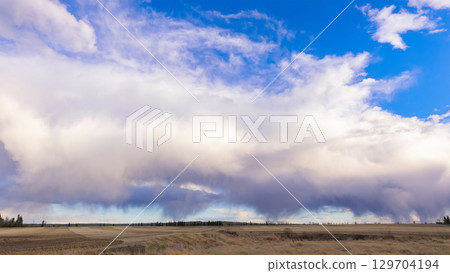Freshly Seeded Field, Trees, Rainy Spring Sky 129704194