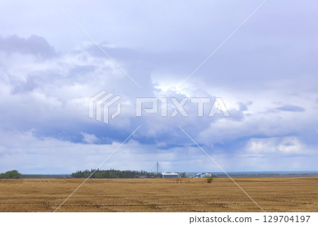 Agricultural field with stubbles and cloudy sky with rain in spring. Agricultural field with stubbles and cloudy sky with rain in spring. 129704197