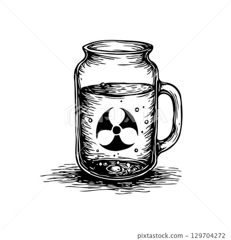 Radioactive symbol on water glass, sketch style to show environmental issues and pollution concerns with danger Radioactive symbol on water glass, sketch style to show environmental issues and pollution concerns with danger 129704272