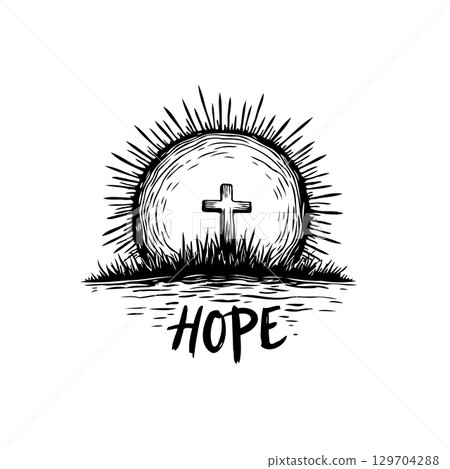 The serene illustration showcases a cross with the inscription hope conveying faith and optimism, with a radiant sun 129704288