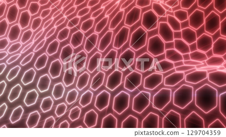 Radiant red hexagonal mesh with glowing edges, forming a dynamic wave pattern symbolizing energy, technology, and futuristic design Radiant red hexagonal mesh with glowing edges, forming a dynamic wave pattern symbolizing energy, technology, and futuristic design 129704359