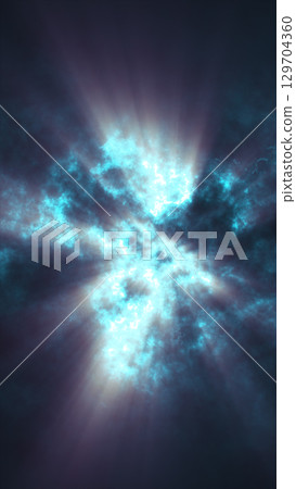 Bright blue energy cloud radiating light through a dark cosmic atmosphere 129704360
