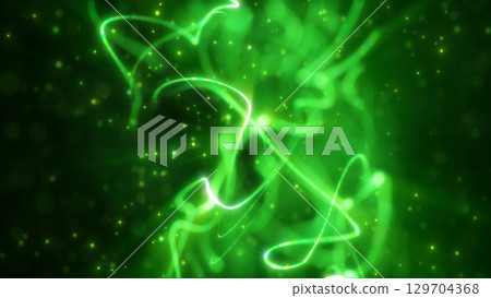 Glowing green light trails and particles creating a dynamic and luminous abstract background 129704368