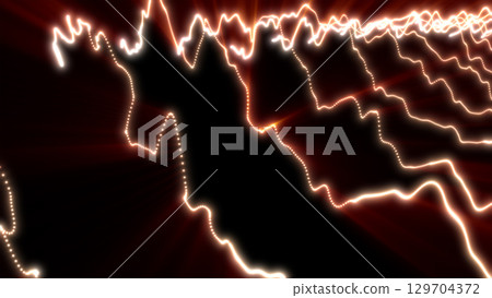 Intense glowing orange and red dotted lines ripple along an abstract terrain, resembling fiery energy waves in darkness 129704372