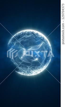 Bright white digital sphere composed of tiny glowing particles with a blue gradient background 129704373