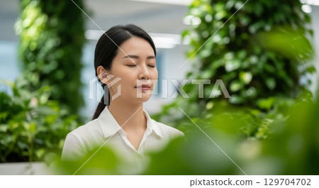 Peaceful Asian businesswoman meditating with closed eyes in green office space Peaceful Asian businesswoman meditating with closed eyes in green office space 129704702