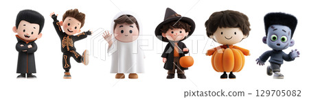 3D cute Halloween kids, boys characters in costume isolated on transparent background. 3D cute Halloween kids, boys characters in costume isolated on transparent background. 129705082