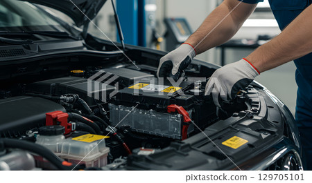 Efficient car maintenance with technician inspecting battery 129705101